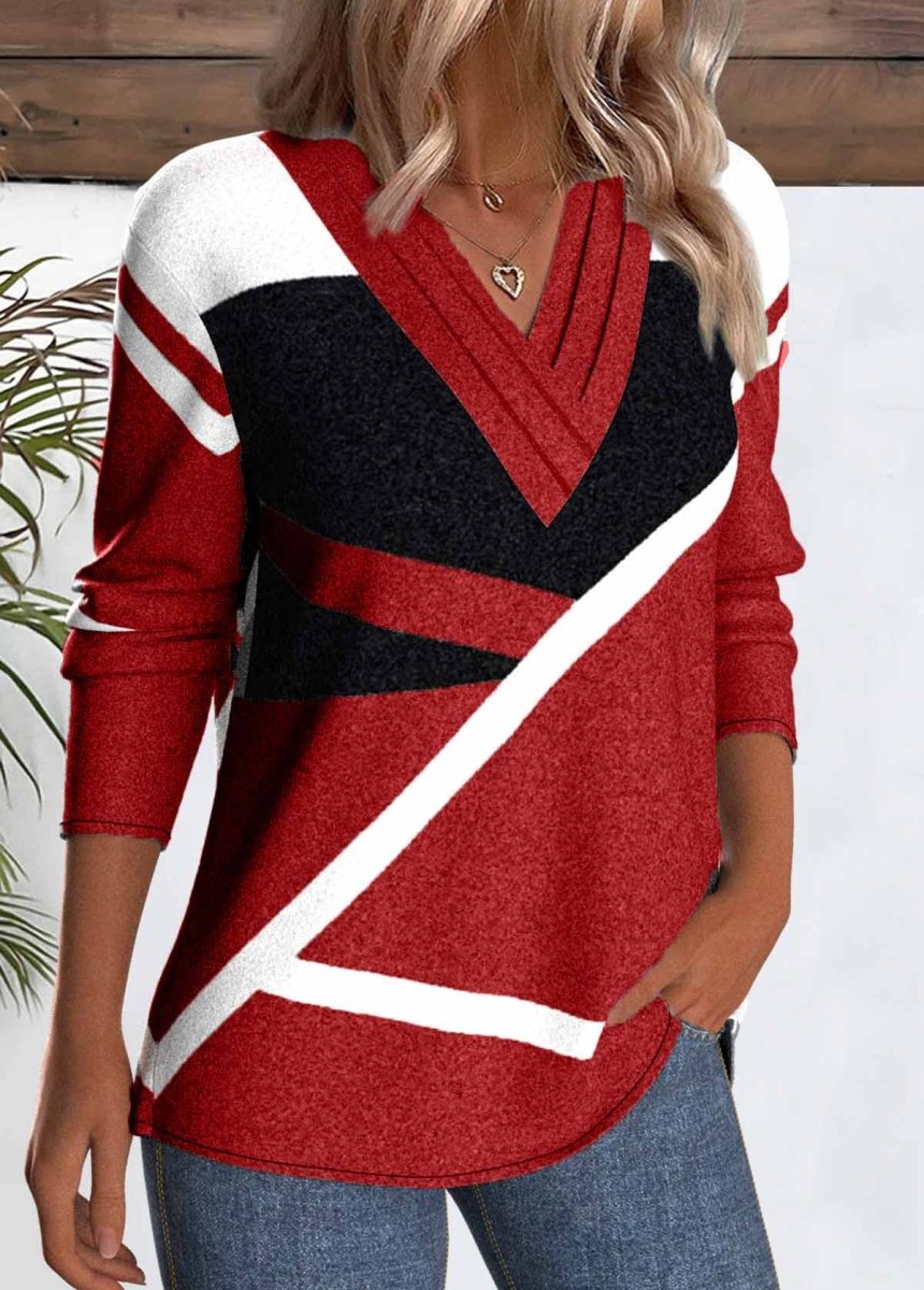 NEW IN Elovana® Red Patchwork Geometric Print Long Sleeve T Shirt - Elovana Montreal - 