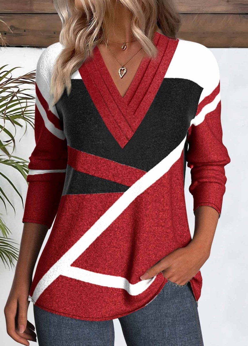 NEW IN Elovana® Red Patchwork Geometric Print Long Sleeve T Shirt - Elovana Montreal - 