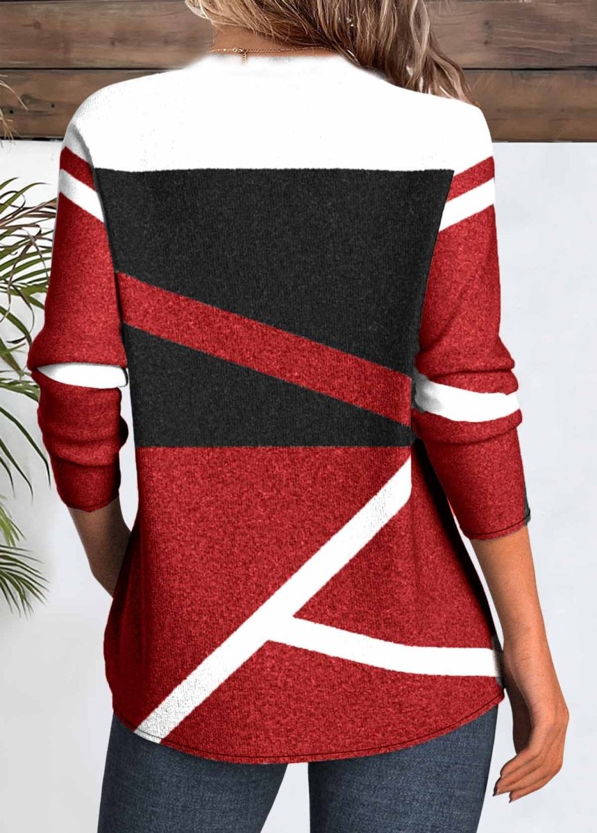 NEW IN Elovana® Red Patchwork Geometric Print Long Sleeve T Shirt - Elovana Montreal - 