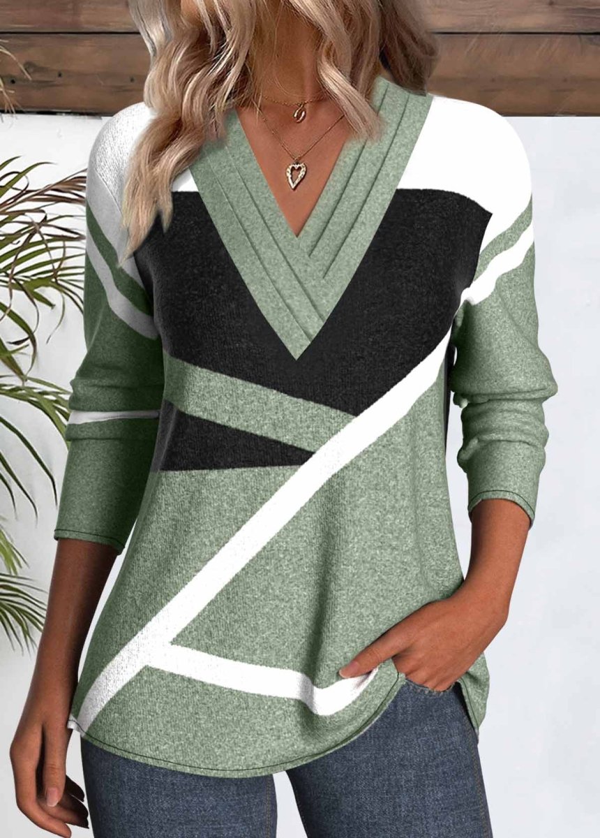 NEW IN Elovana® Sage Green Patchwork Geometric Print Long Sleeve T Shirt - Elovana Montreal - 