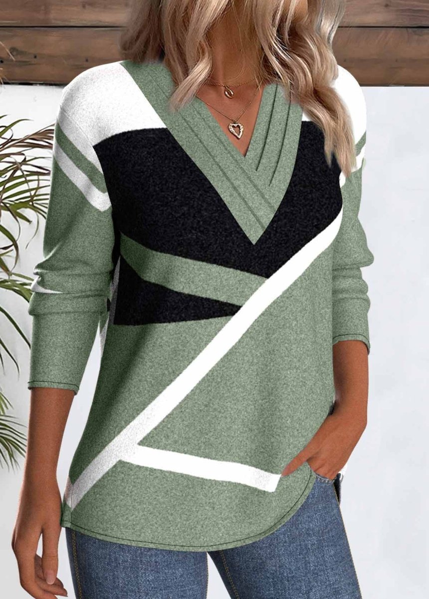 NEW IN Elovana® Sage Green Patchwork Geometric Print Long Sleeve T Shirt - Elovana Montreal - 