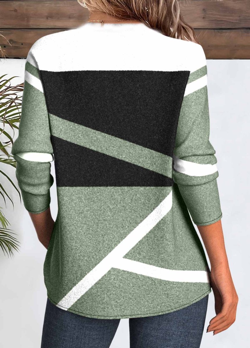 NEW IN Elovana® Sage Green Patchwork Geometric Print Long Sleeve T Shirt - Elovana Montreal - 