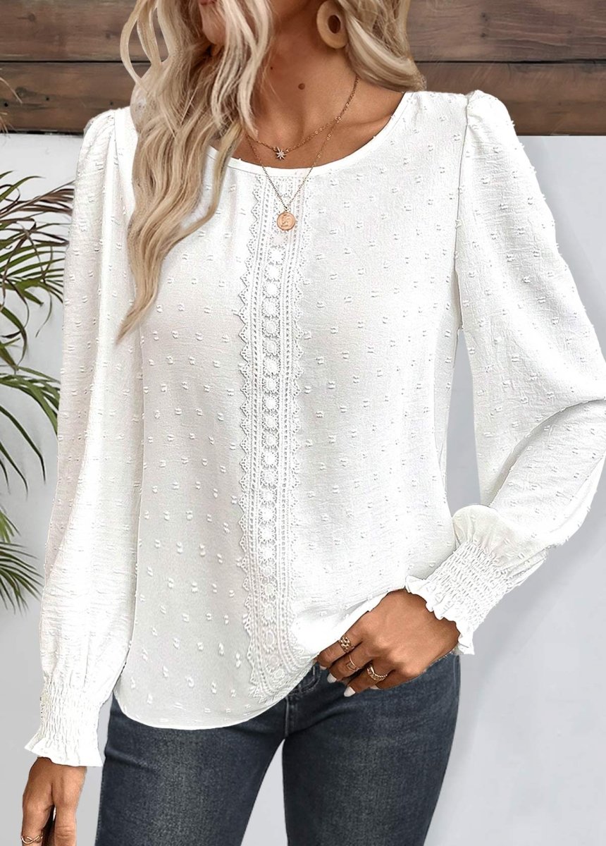 NEW IN Elovana® White Embroidery Long Sleeve Round Neck Blouse - Elovana Montreal - 