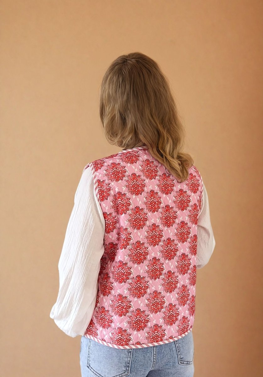 Nora | Pink Floral Print Lace - Up Quilted Thin Waistcoat - Elovana Montreal - Jackets