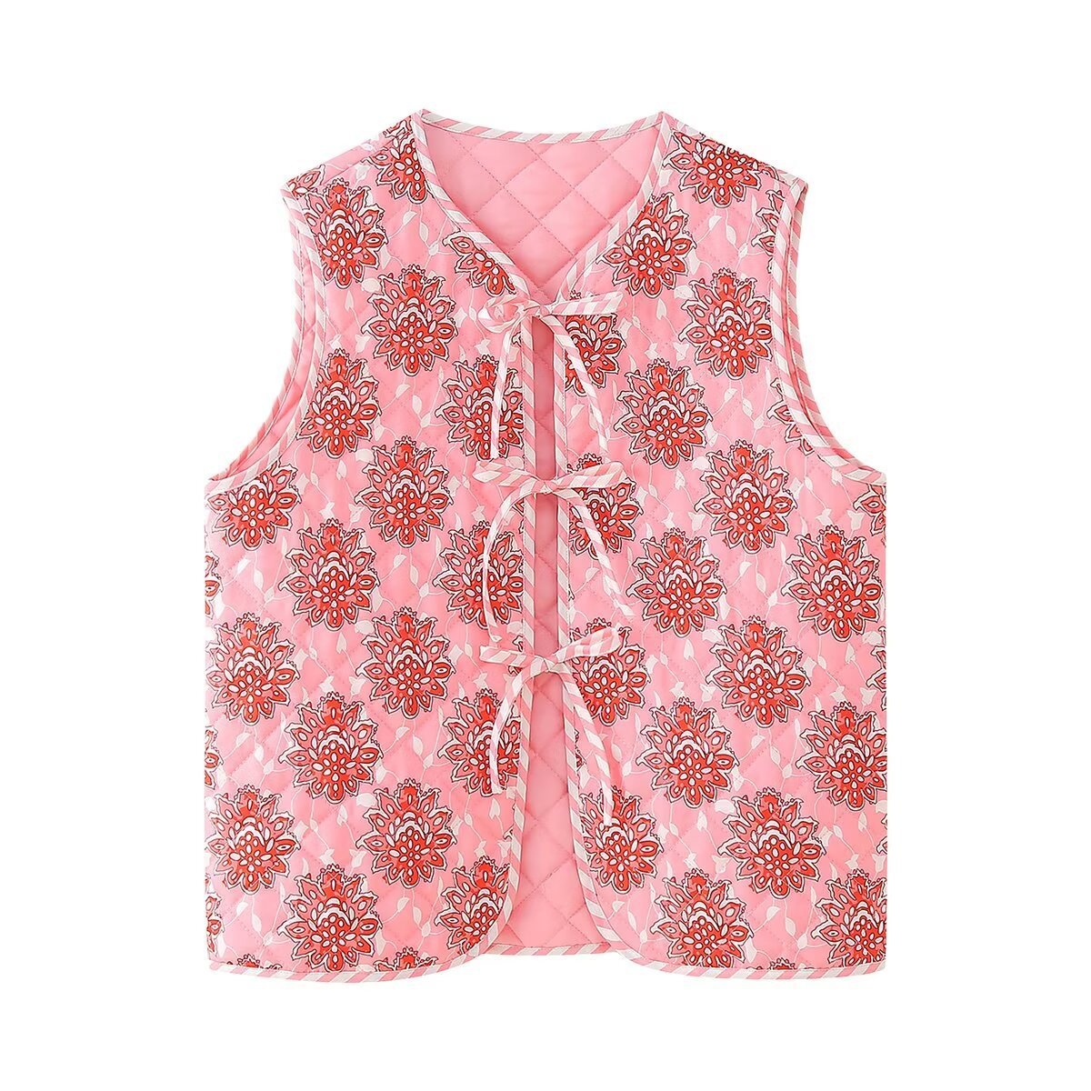 Nora | Pink Floral Print Lace - Up Quilted Thin Waistcoat - Elovana Montreal - Jackets