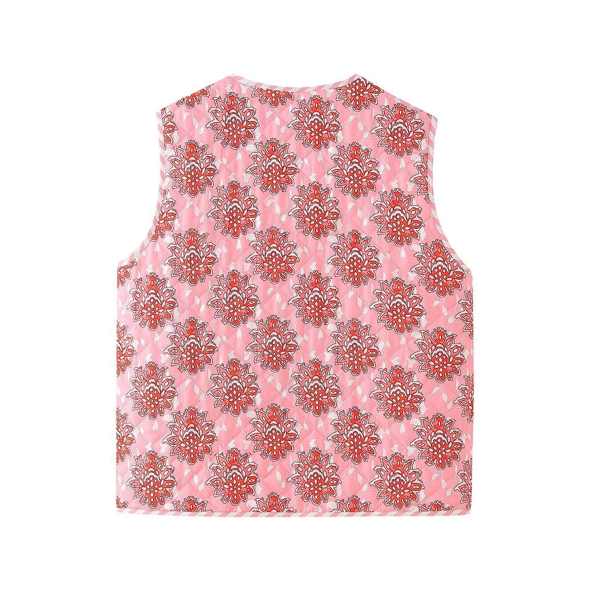 Nora | Pink Floral Print Lace - Up Quilted Thin Waistcoat - Elovana Montreal - Jackets