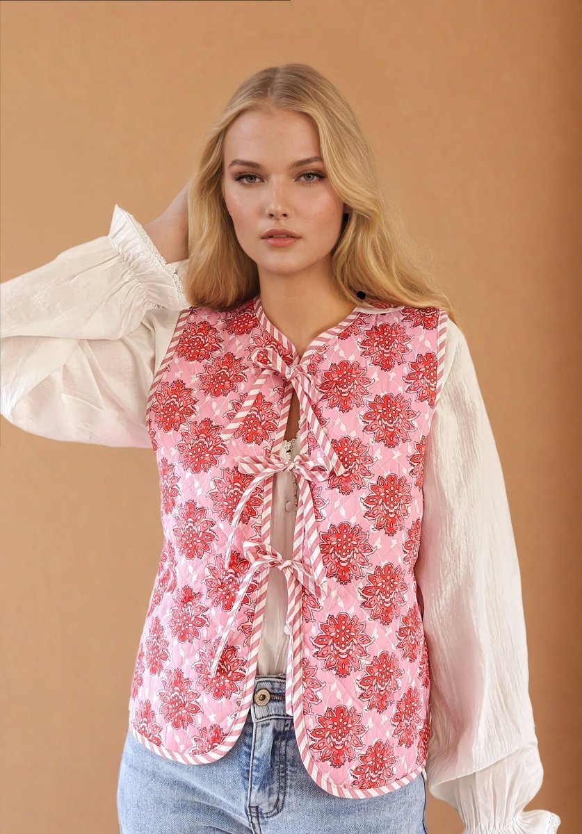 Nora | Pink Floral Print Lace - Up Quilted Thin Waistcoat - Elovana Montreal - Jackets