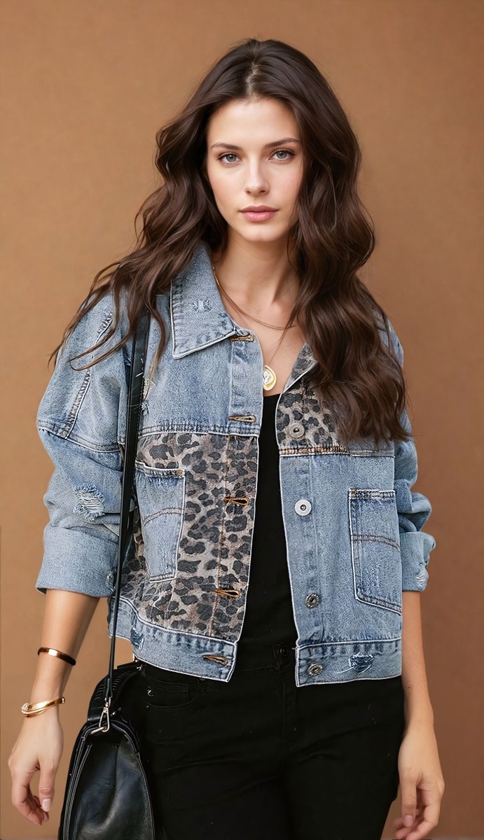 Pauline | Patchwork Leopard Print Denim Jacket - Elovana Montreal - Jackets