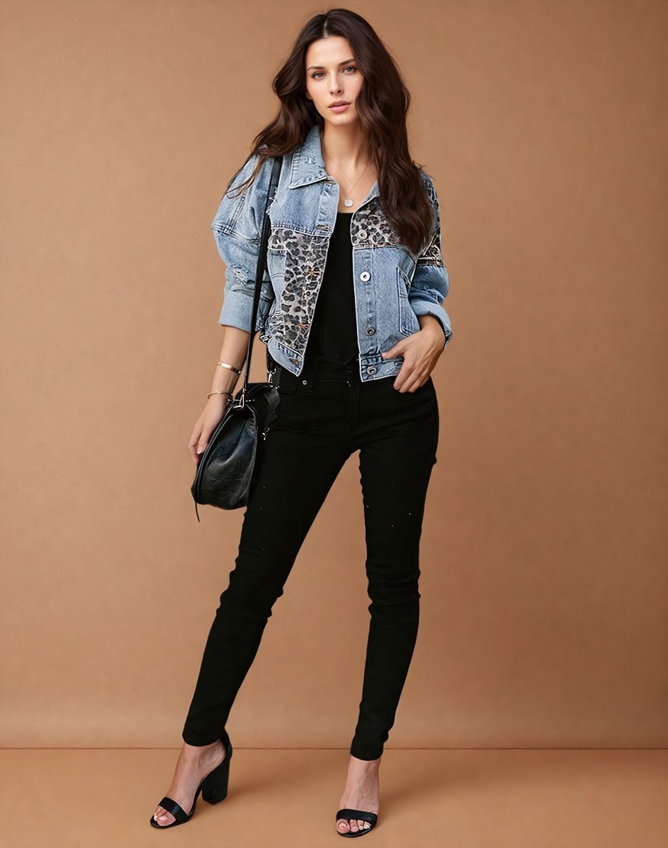 Pauline | Patchwork Leopard Print Denim Jacket - Elovana Montreal - Jackets