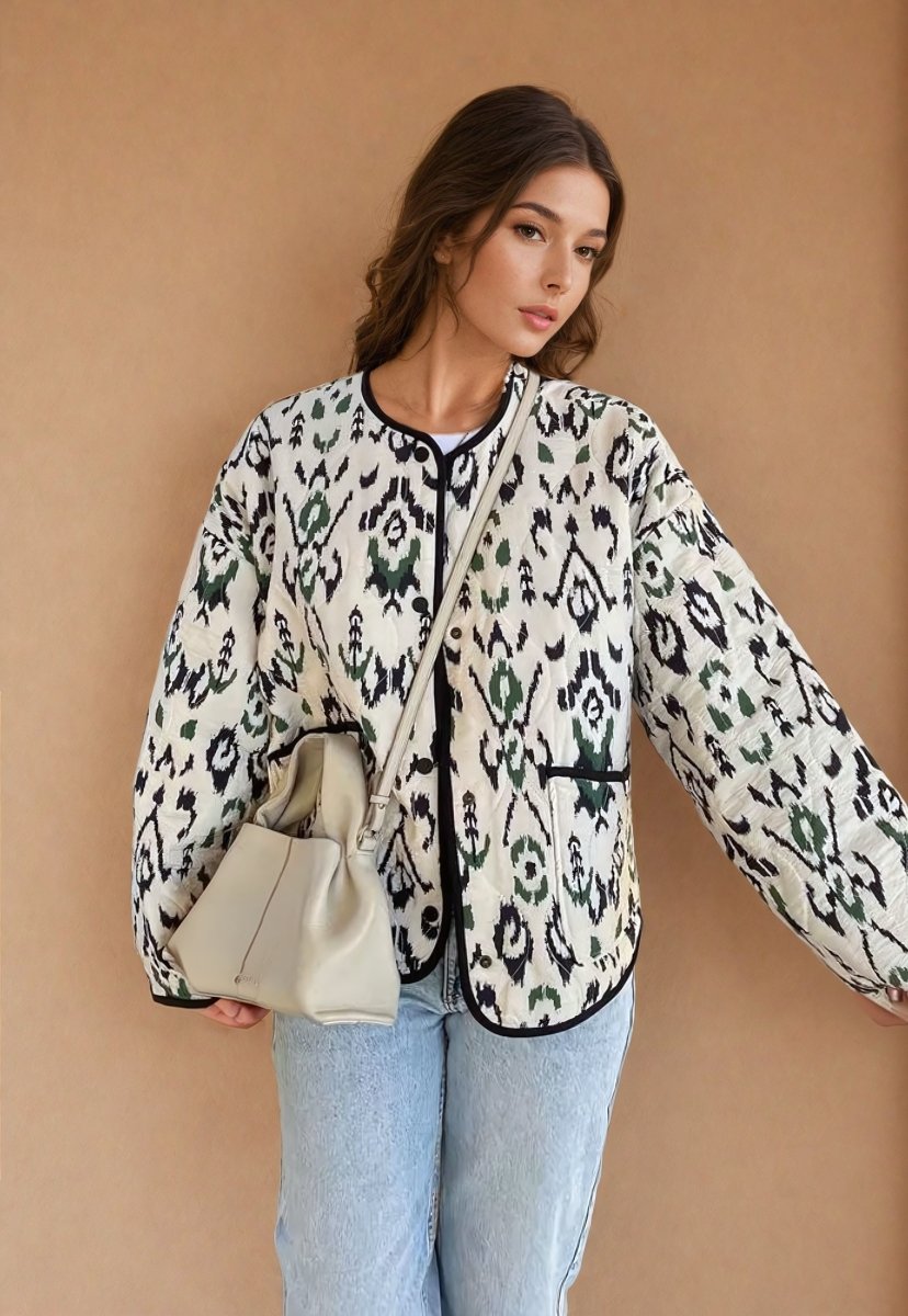 Rosalie | Geometric Print Quilted Thin Jacket - Elovana Montreal - Jackets