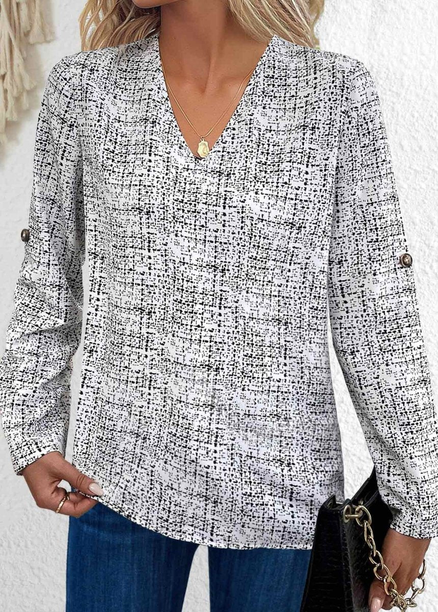 SALE Elovana Black Button Graffiti Print Long Sleeve V Neck Blouse - Elovana Montreal - 