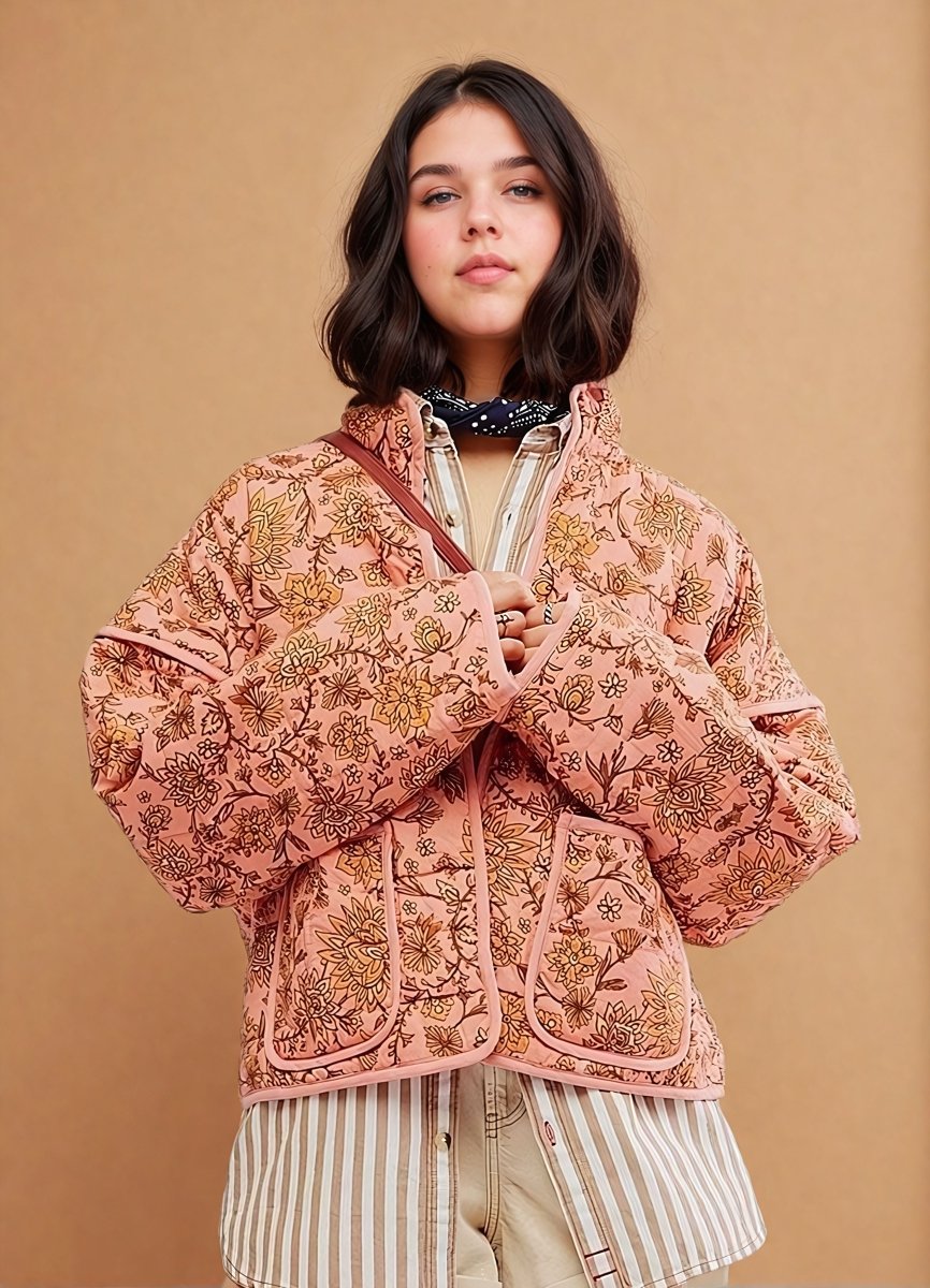 Samira | Floral Print Stand Collar Patchwork Jacket - Elovana Montreal - Jackets