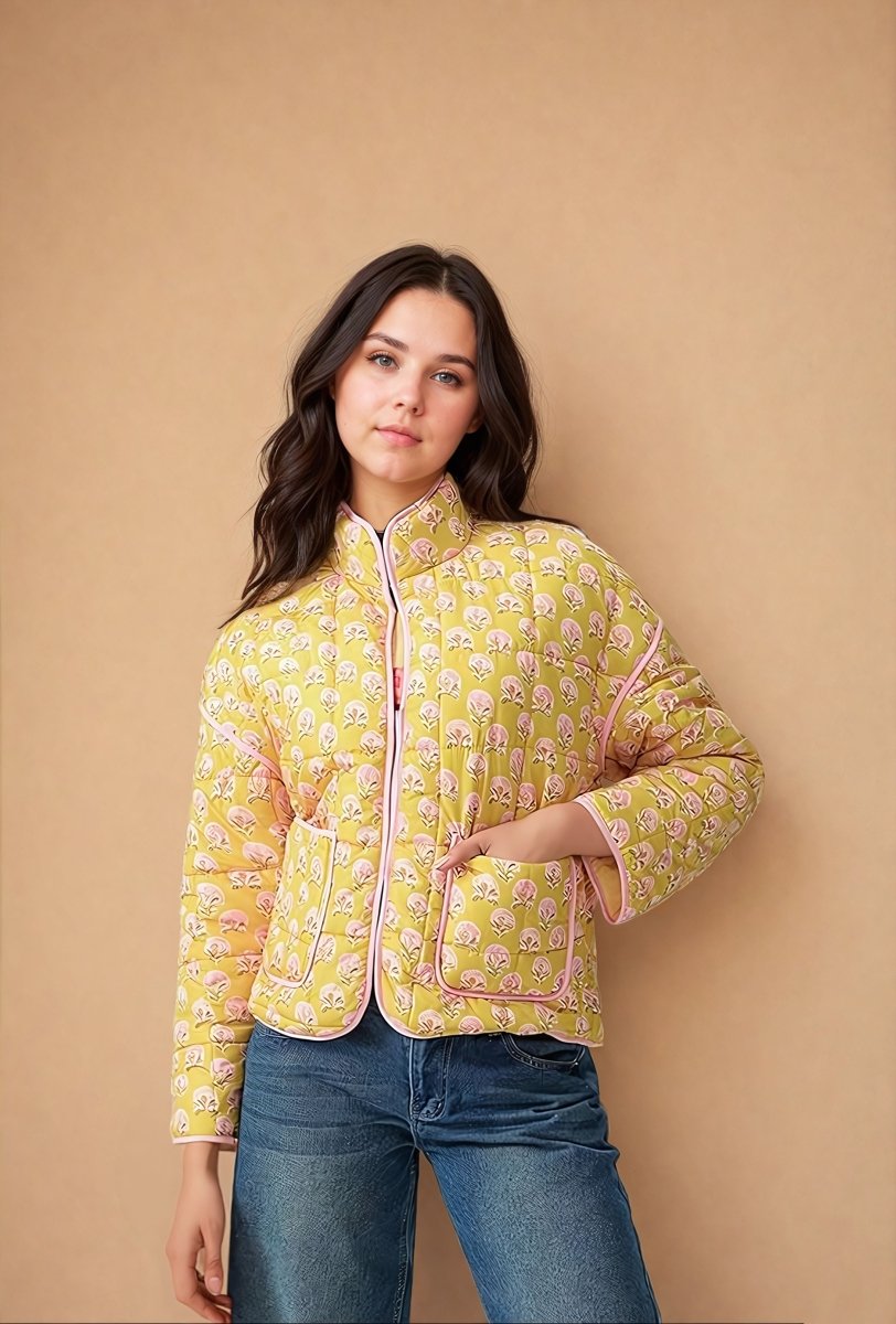 Samira | Floral Print Stand Collar Patchwork Jacket - Elovana Montreal - Jackets