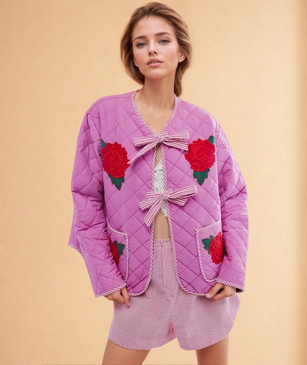 Véronica | Rose Print Bow Pink Thin Jacket - Elovana Montreal - Jackets