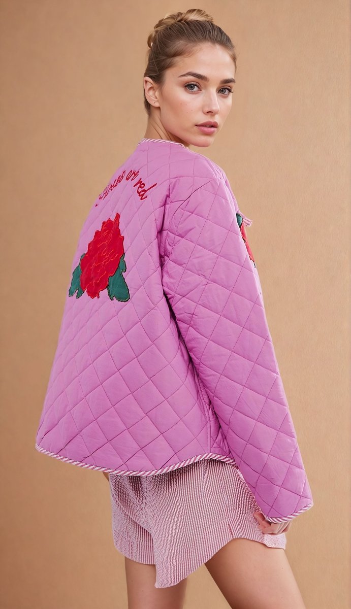 Véronica | Rose Print Bow Pink Thin Jacket - Elovana Montreal - Jackets