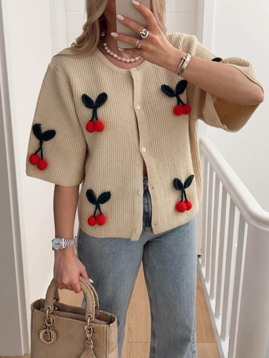 Violette | Cute V - Neck Cherry Decoration Sweater Cardigan - Elovana Montreal - Cardigan